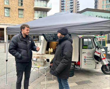 Charlie discussing the future of traders in Pegler Square.